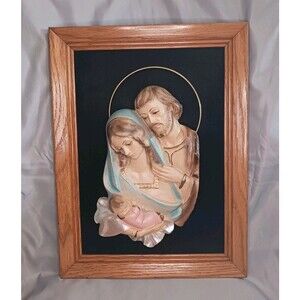 Vtg Chalkware Holy Family Plaque Black Velvet Framed Religious Wall Art Hanging